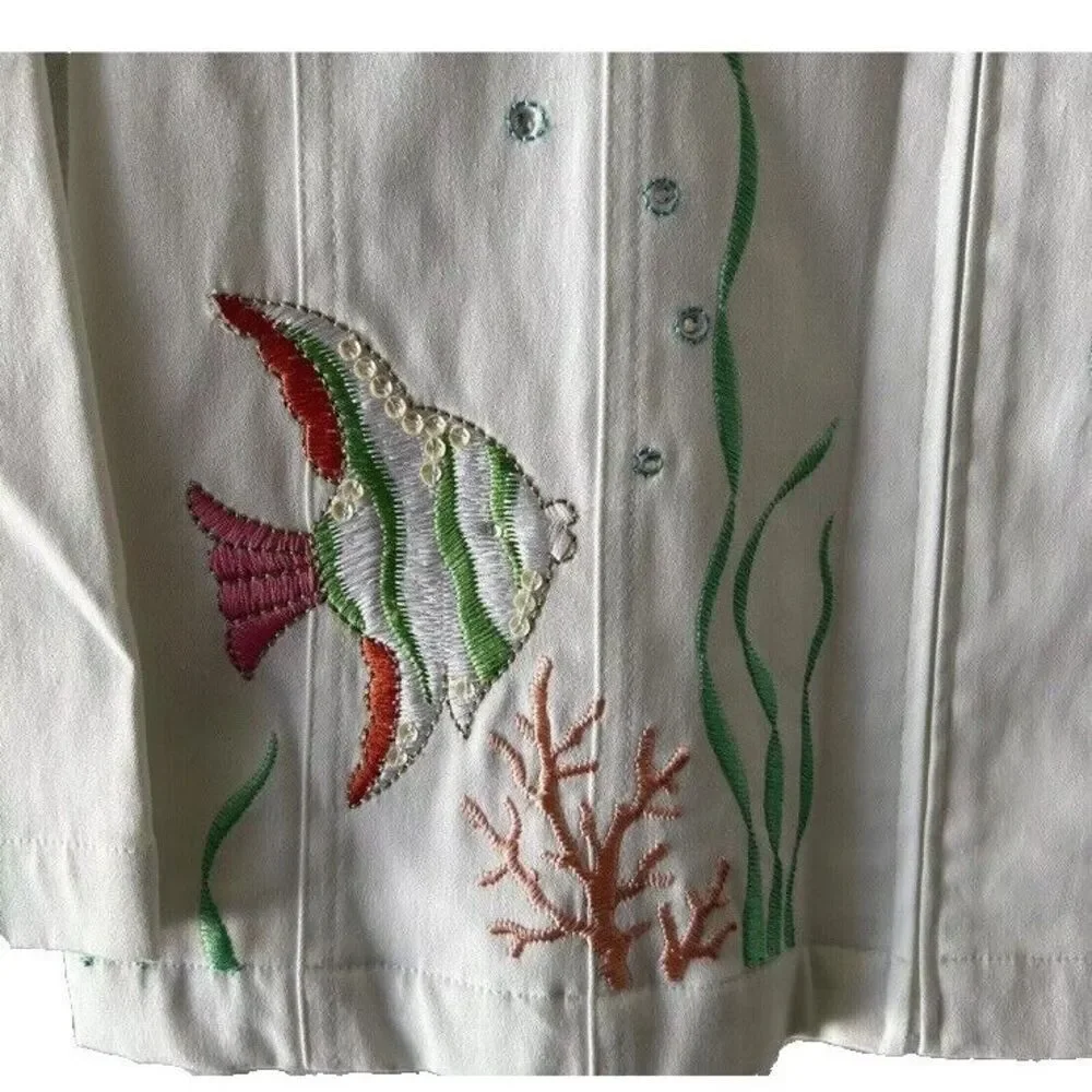 Quacker Factory‎ White Jacket Medium Fish Embroidered Rhinestone - Picture 4 of 10